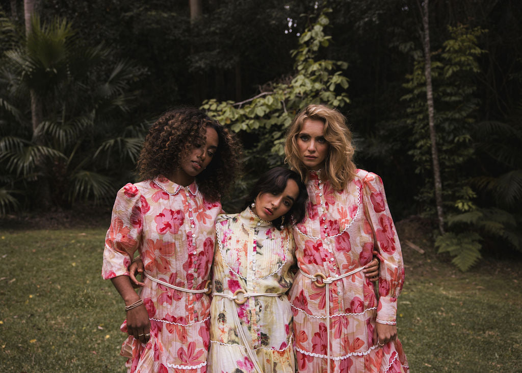 LUXURY AUSTRALIAN DESIGNER WOMENS BRAND ANALIA THE LABEL, TUSCAN BLOOM CAMPAIGN OF THE CHARLOTTE MAXI DRESS AND GRACE MAXI DRESS IN PINK AND CHARLOTTE MINI DRESS IN YELLOW